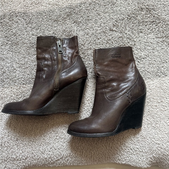 Frye Dark Brown Leather Wedge Booties - Picture 1 of 7